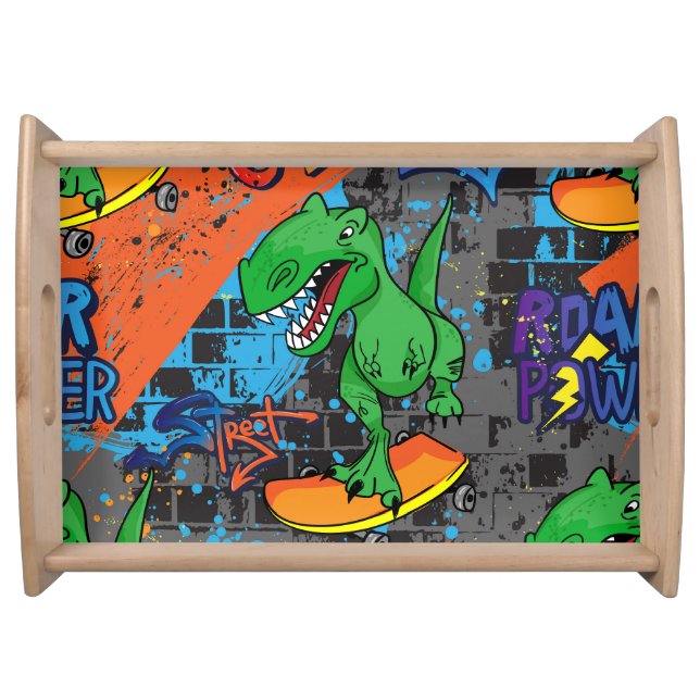 Cool Dinosaur Skateboard Seamless Pattern Serving Tray (Front)