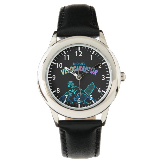 Cool Dinosaur Velociraptor Neon Lineart Kids Watch (Front)