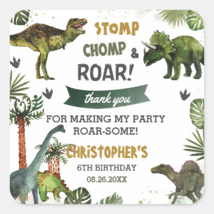 Cool Dinosaurs Jurassic Boy Birthday Party Favor Square Sticker