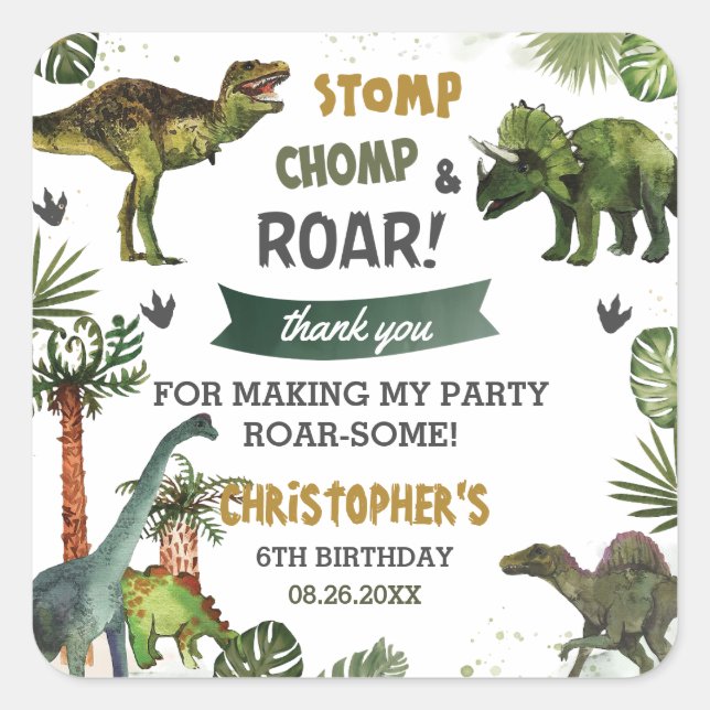 Cool Dinosaurs Jurassic Boy Birthday Party Favor  Square Sticker (Front)