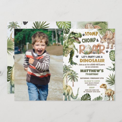 Cool Dinosaurs Jurassic Greenery Birthday Photo Invitation