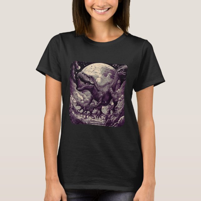 Cool Dinosaurs Space Graphic Fantasy Art T-Shirt (Front)