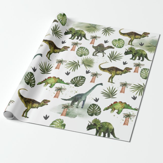 Cool Dinosaurs T-Rex Jurrasic Greenery Decoupage Wrapping Paper (Unrolled)