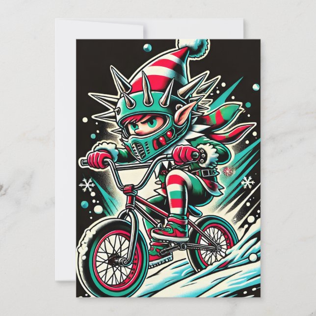 Cool Dirt Bike Elf Christmas Card For Boys (Front)