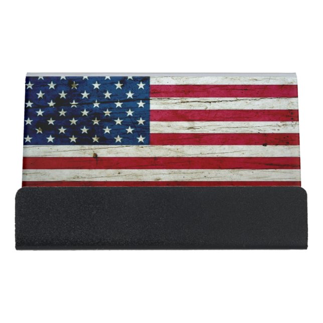 Cool Distressed American Flag Wood Rustic Desk Business Card Holder (Front)