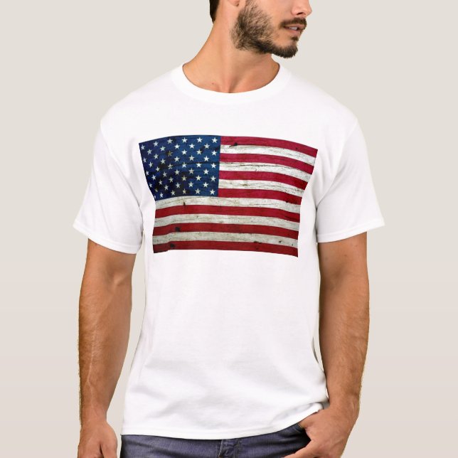 Cool Distressed American Flag Wood Rustic T-Shirt (Front)
