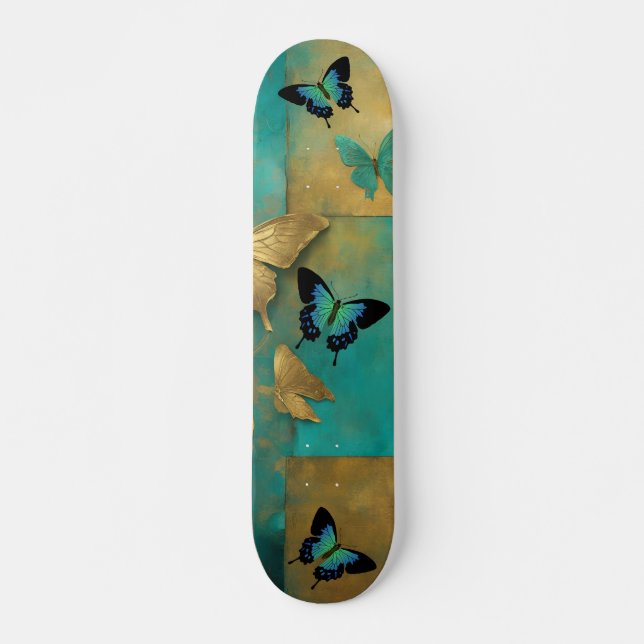 Cool Distressed Grunge Teal Butterfly Skate Deck (Front)