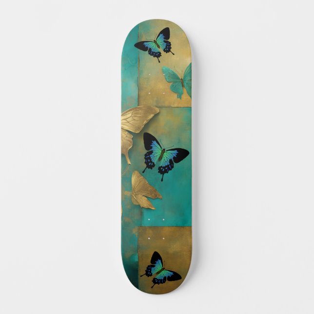 Cool Distressed Grunge Teal Butterfly Skate Deck (Front)