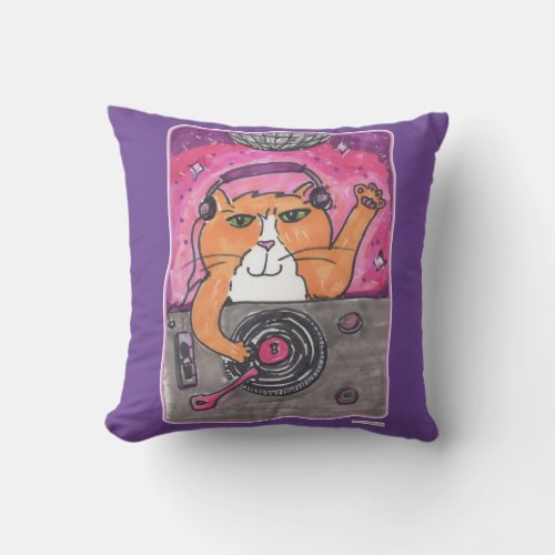 Cool Dj Cat Marker Art Illustration Cartoon Fun Throw Pillow
