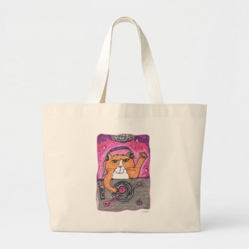 Cool Dj Cat Marker Art Illustration Toon Fun Large Tote Bag