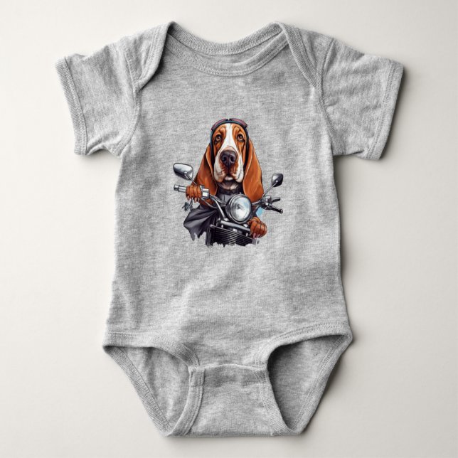 Cool dog biker, cute basset hound dog driver baby bodysuit (Front)