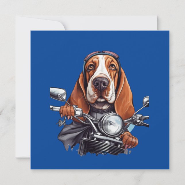 Cool dog biker, cute basset hound dog driver invitation (Front)