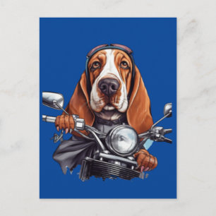 Cool dog biker, cute basset hound dog driver postcard