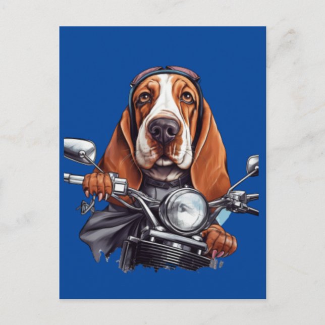 Cool dog biker, cute basset hound dog driver postcard (Front)