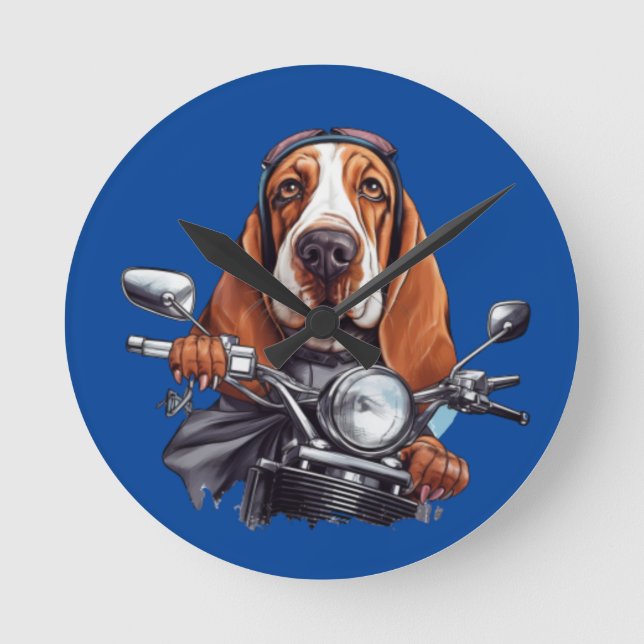Cool dog biker, cute basset hound dog driver round clock (Front)