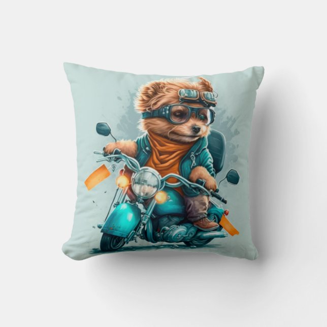 Cool dog biker cute dog driving abike throw pillow (Front)