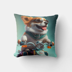 Cool dog biker is driving funny cute throw pillow
