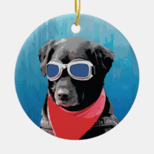 Cool Dog Black Lab Red Bandana Blue Goggles Ceramic Ornament