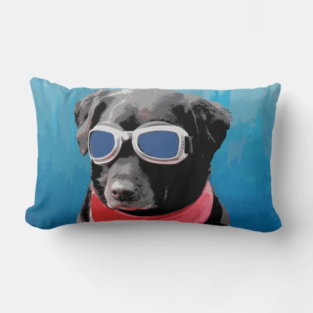Cool Dog Black Lab Red Bandana Blue Goggles Lumbar Pillow (Front)