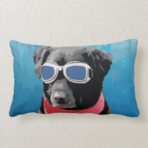 Cool Dog Black Lab Red Bandana Blue Goggles Lumbar Pillow