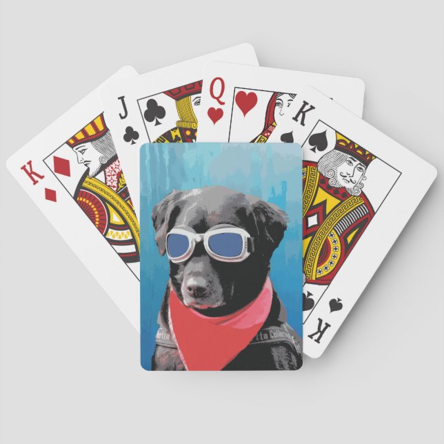 Cool Dog Black Lab Red Bandana Blue Goggles Poker Cards (Back)