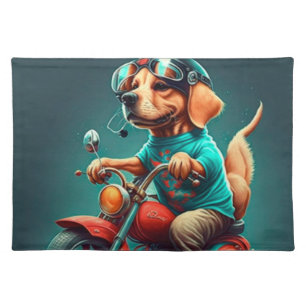 Cool dog driving a motorbike   cloth placemat