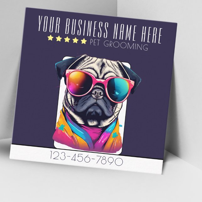 Cool Dog Grooming stylish pug dog loyalty Square Business Card (Catch the attention with this stylish pug with colorful sunglasses. Give away to gain loyal clients.)
