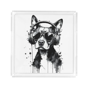 Cool Dog headphones Cute Pets Black and white ink Acrylic Tray
