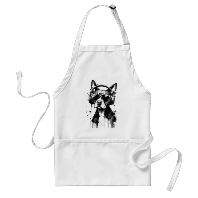 Cool Dog headphones Cute Pets Black and white ink Adult Apron (Front)