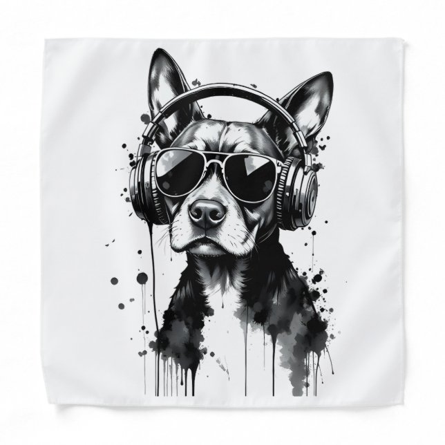 Cool Dog headphones Cute Pets Black and white ink Bandana (Front)