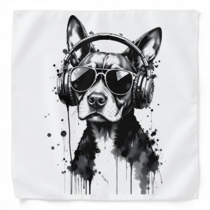 Cool Dog headphones Cute Pets Black and white ink Bandana