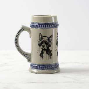 Cool Dog headphones Cute Pets Black and white ink Beer Stein