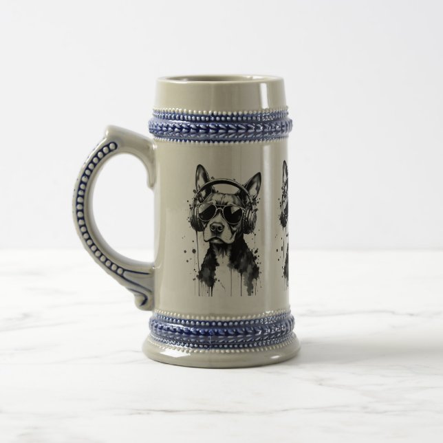 Cool Dog headphones Cute Pets Black and white ink Beer Stein (Left)