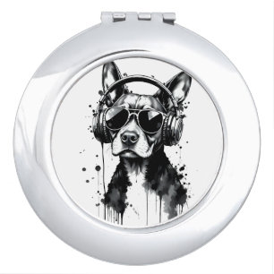 Cool Dog headphones Cute Pets Black and white ink Compact Mirror