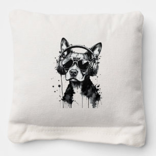 Cool Dog headphones Cute Pets Black and white ink Cornhole Bags