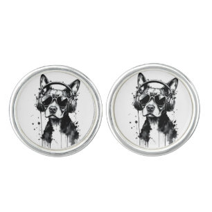 Cool Dog headphones Cute Pets Black and white ink Cufflinks