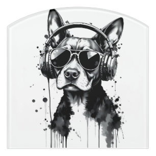 Cool Dog headphones Cute Pets Black and white ink Door Sign