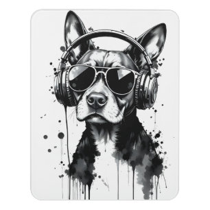 Cool Dog headphones Cute Pets Black and white ink Door Sign
