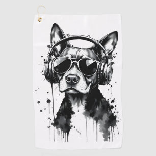Cool Dog headphones Cute Pets Black and white ink Golf Towel