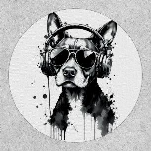 Cool Dog headphones Cute Pets Black and white ink Patch