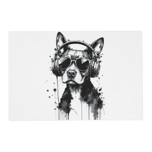 Cool Dog headphones Cute Pets Black and white ink Placemat