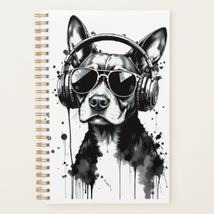 Cool Dog headphones Cute Pets Black and white ink Planner
