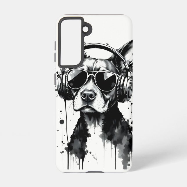 Cool Dog headphones Cute Pets Black and white ink Samsung Galaxy Case (Back)