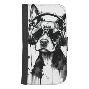 Cool Dog headphones Cute Pets Black and white ink Galaxy S4 Wallet Case