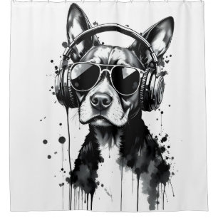 Cool Dog headphones Cute Pets Black and white ink Shower Curtain