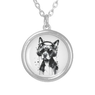 Cool Dog headphones Cute Pets Black and white ink Silver Plated Necklace
