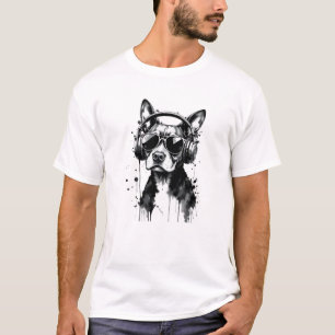 Cool Dog headphones Cute Pets Black and white ink T-Shirt