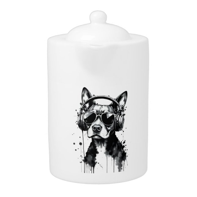 Cool Dog headphones Cute Pets Black and white ink Teapot (Front)