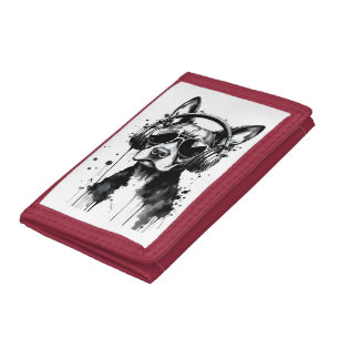 Cool Dog headphones Cute Pets Black and white ink Tri-fold Wallet