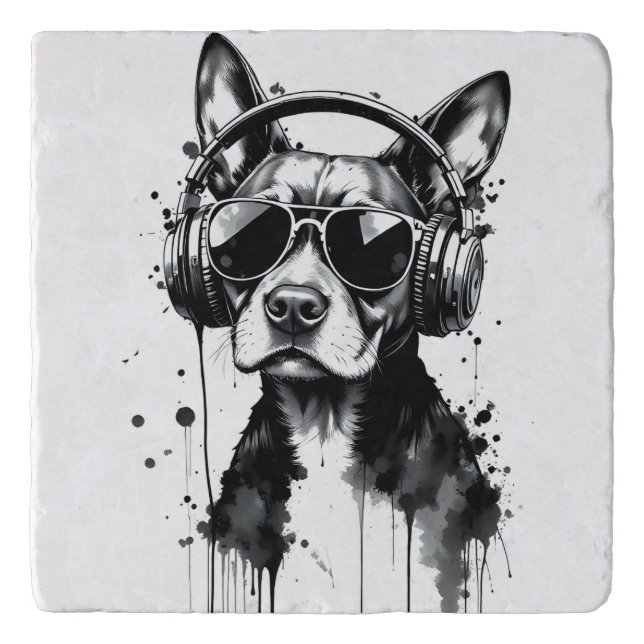 Cool Dog headphones Cute Pets Black and white ink Trivet (Front)